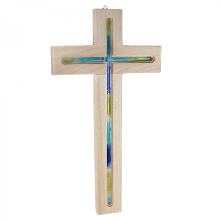 Wandkreuz Kreuz aus Holz mit Glaseinlage blau-gelb