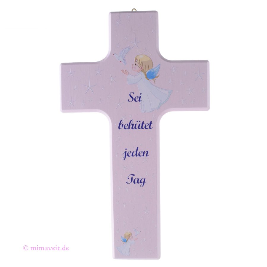 Süßes Holz Kinderkreuz in rosa mit Schutzengel*Geschenk Taufe Geburt*Beschützer 