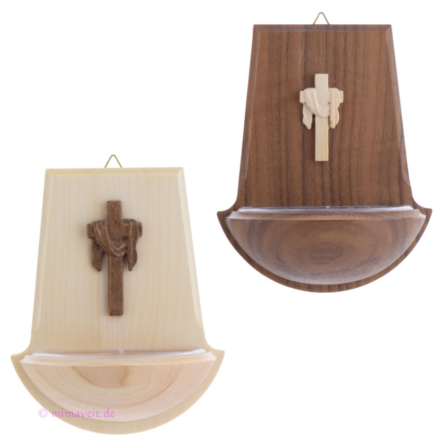 Weihwasserkessel Kreuz mit Tuch aus Nussbaum Ahorn Holz