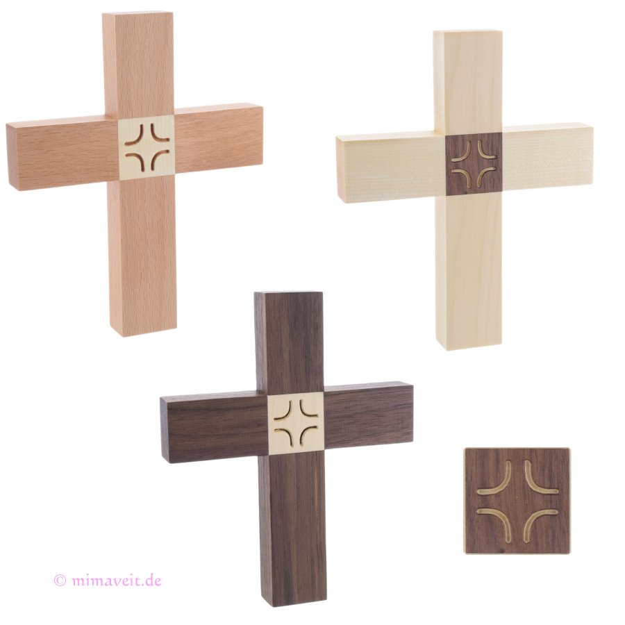 Wandkreuz in modernem Design aus Holz mit Einlage