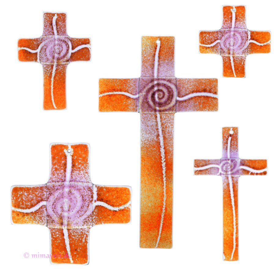 Glaskreuz Kreuz aus Glas Wandkreuz Spirale goldviolett orange
