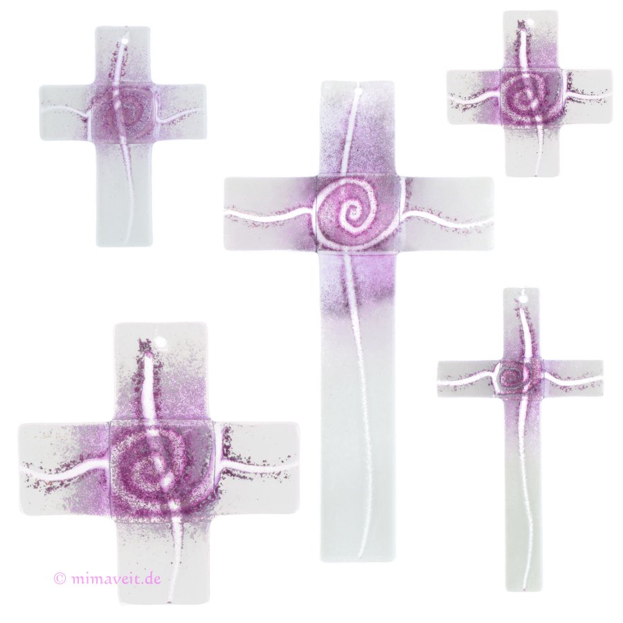 Glaskreuz Kreuz aus Glas Wandkreuz Spirale goldviolett weißopal