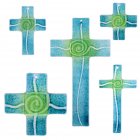 Glaskreuz Kreuz aus Glas Wandkreuz Spirale aquamarin chromgrün