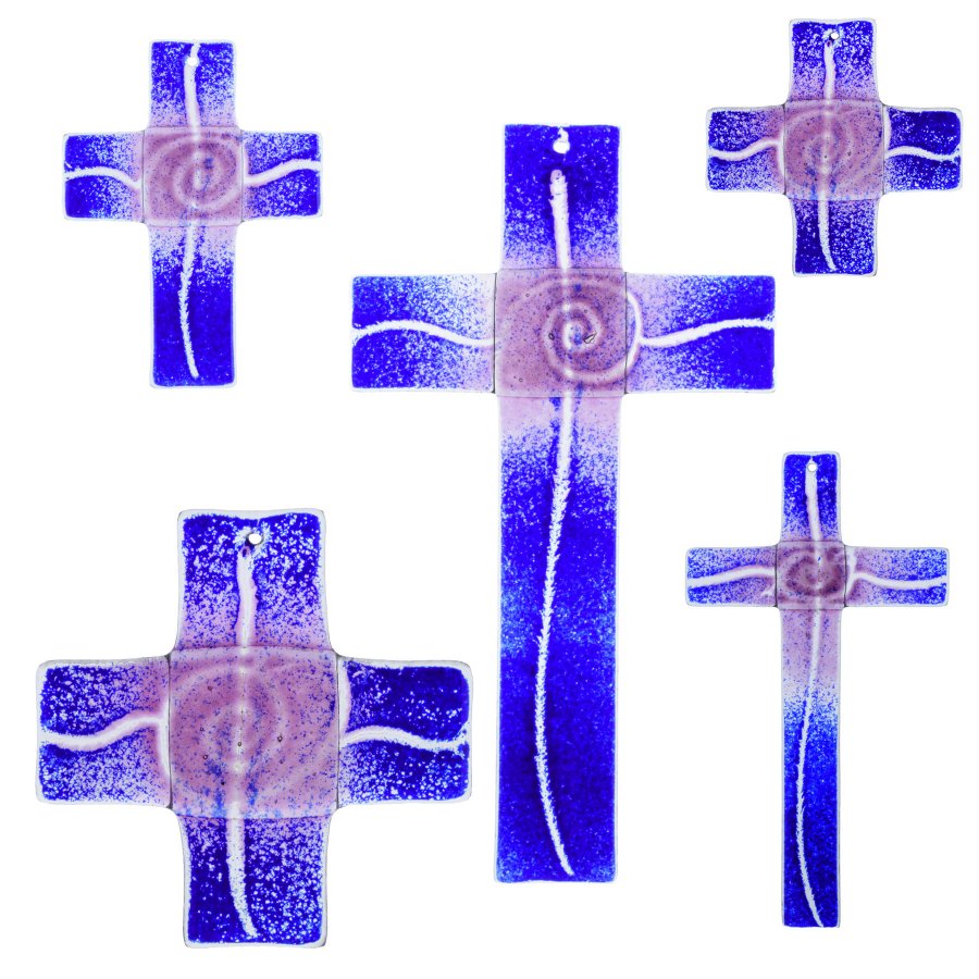Glaskreuz Kreuz aus Glas Wandkreuz Spirale goldviolett kobaltblau