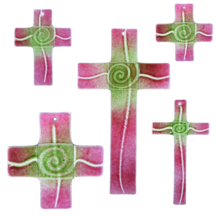 Glaskreuz Kreuz aus Glas Wandkreuz Spirale chromgrün goldrubin