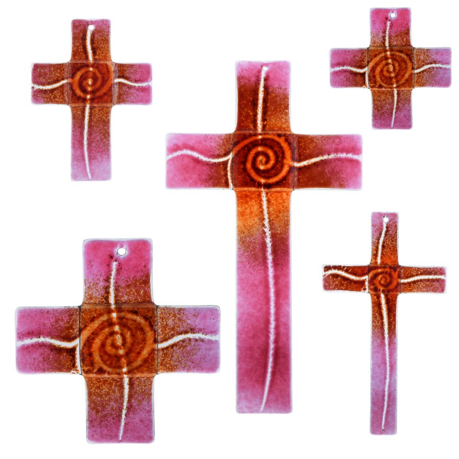 Glaskreuz Kreuz aus Glas Wandkreuz Spirale bordeaux goldrubin