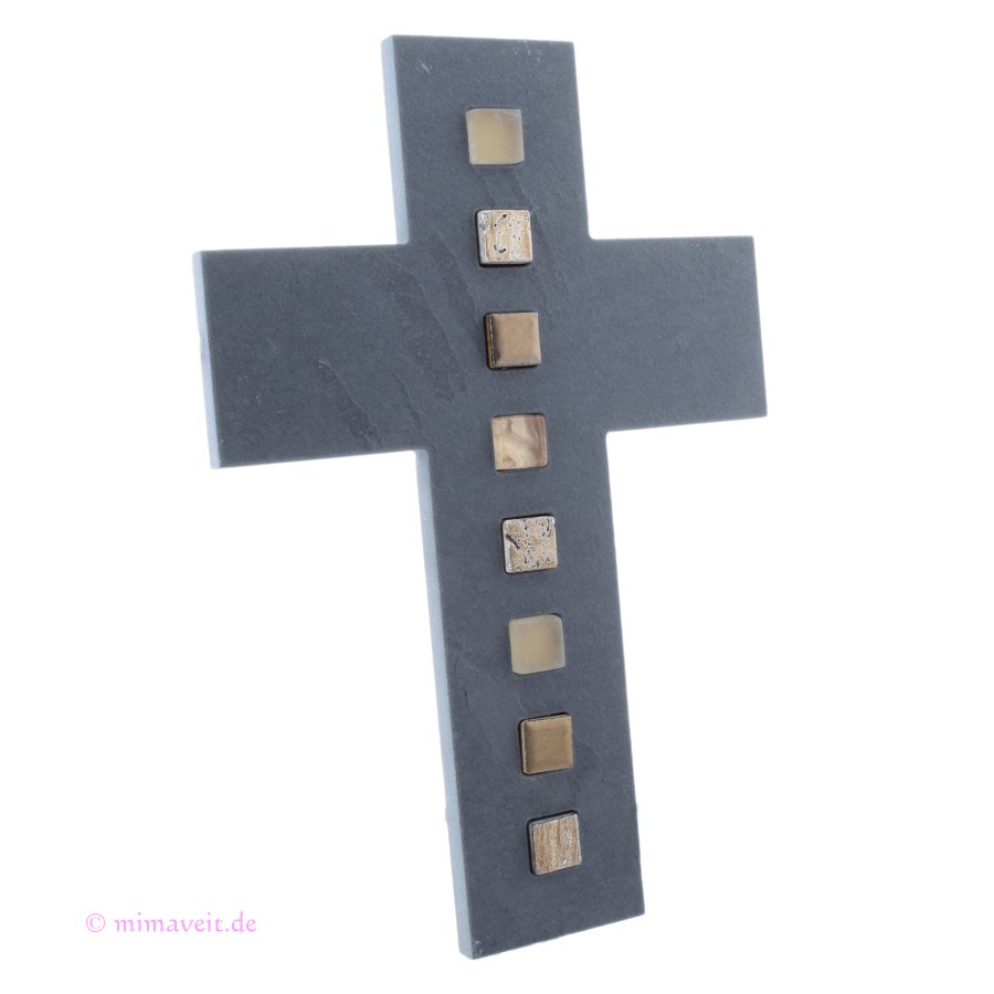 Wandkreuz aus Schiefer mit Einlagen aus bronze Mosaik