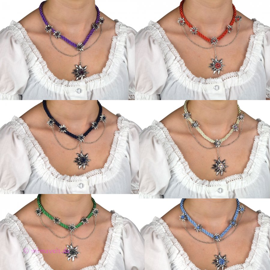 Trachtenkette mit großem und kleinen Edelweiß Anhängern an Kordel