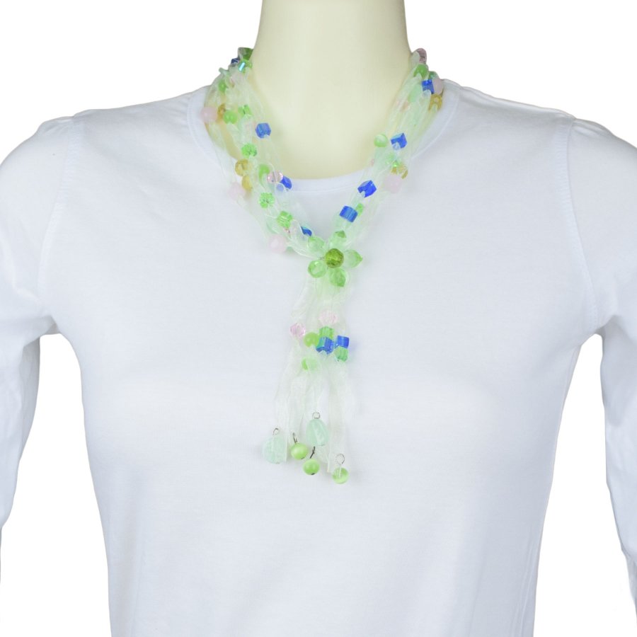 Halskette Organza mit Blüte und Perlen in grün-bunt