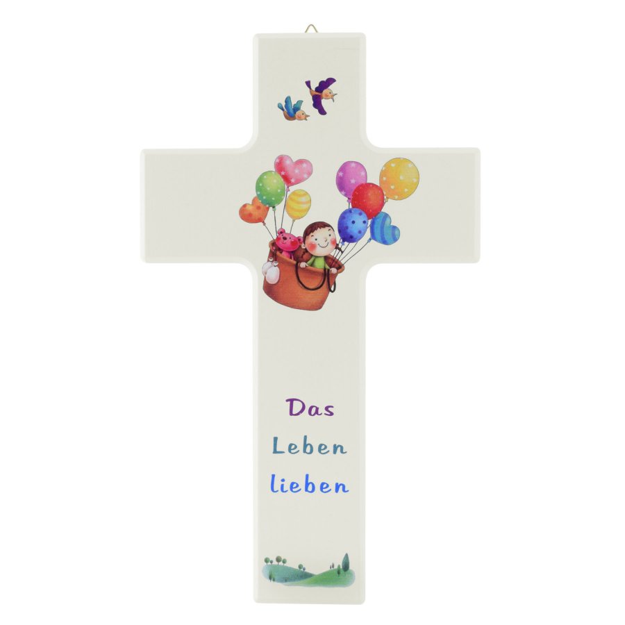 Kreuz aus Holz für Kinder Das Leben lieben Kind mit Ballons
