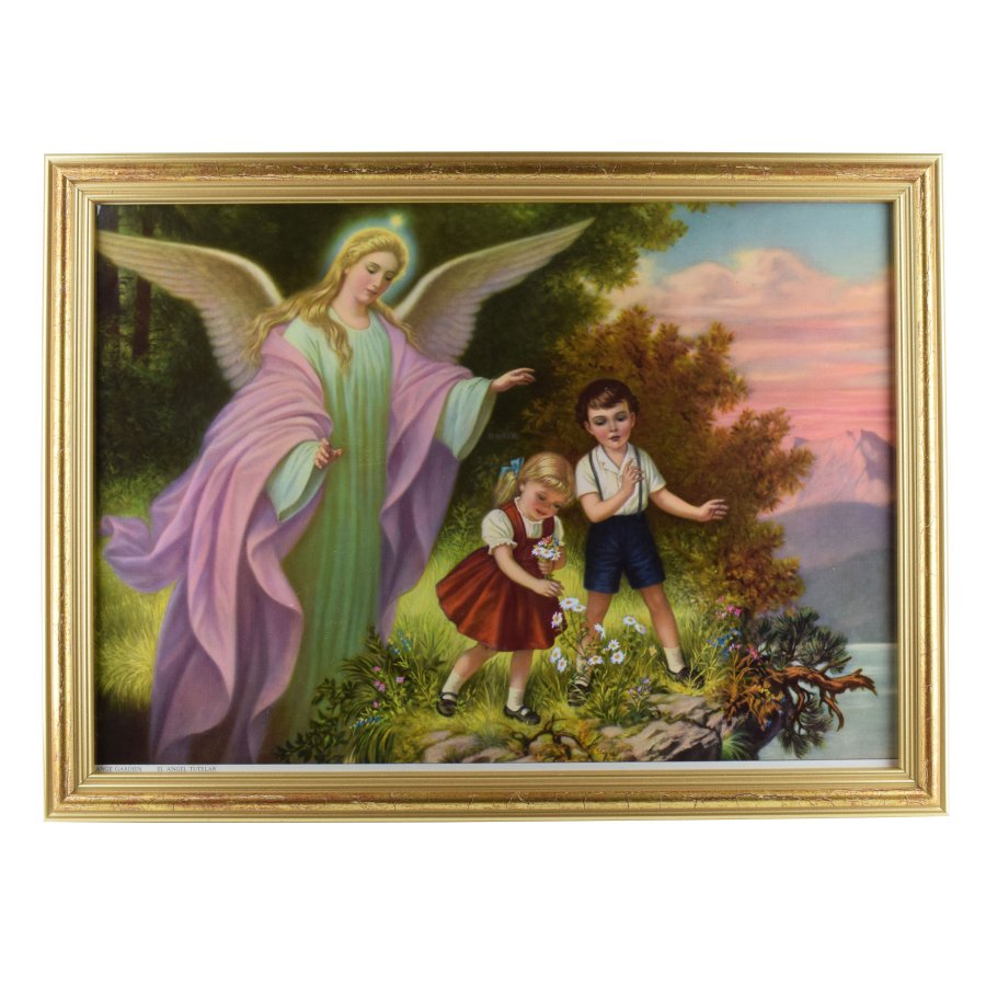 Schutzengelbild Herzform 14x15,5cm - Gesegnetes Wandbild Mit Massivholzrahmen