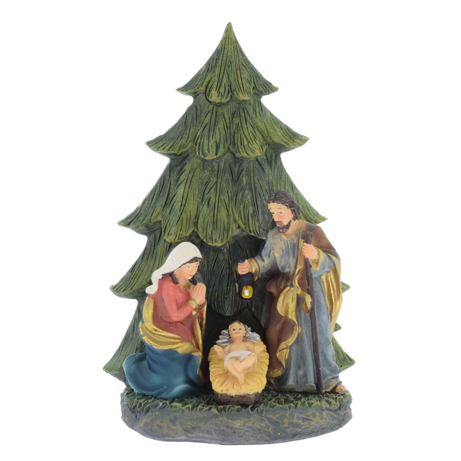 Krippe Blockkrippe Heilige Familie unter Tanne
